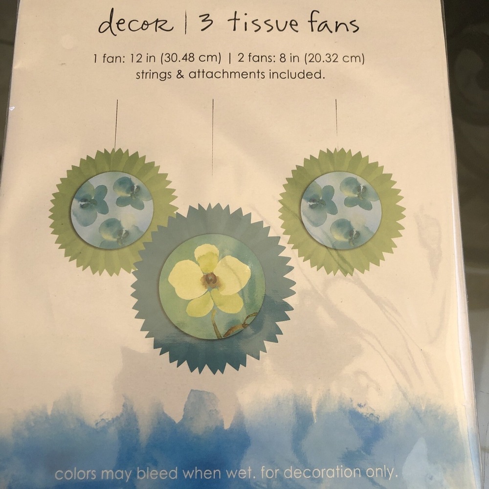 3 Kathy Davis dangling Decorative Tissue Fans 12" 8" aqua blue lime green floral
